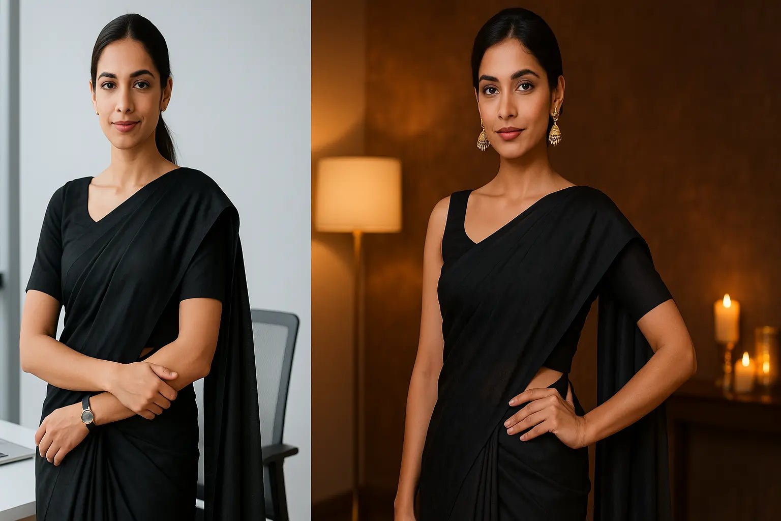 Black Saree Styling Guide: From Work Mornings to Evening Glam.
