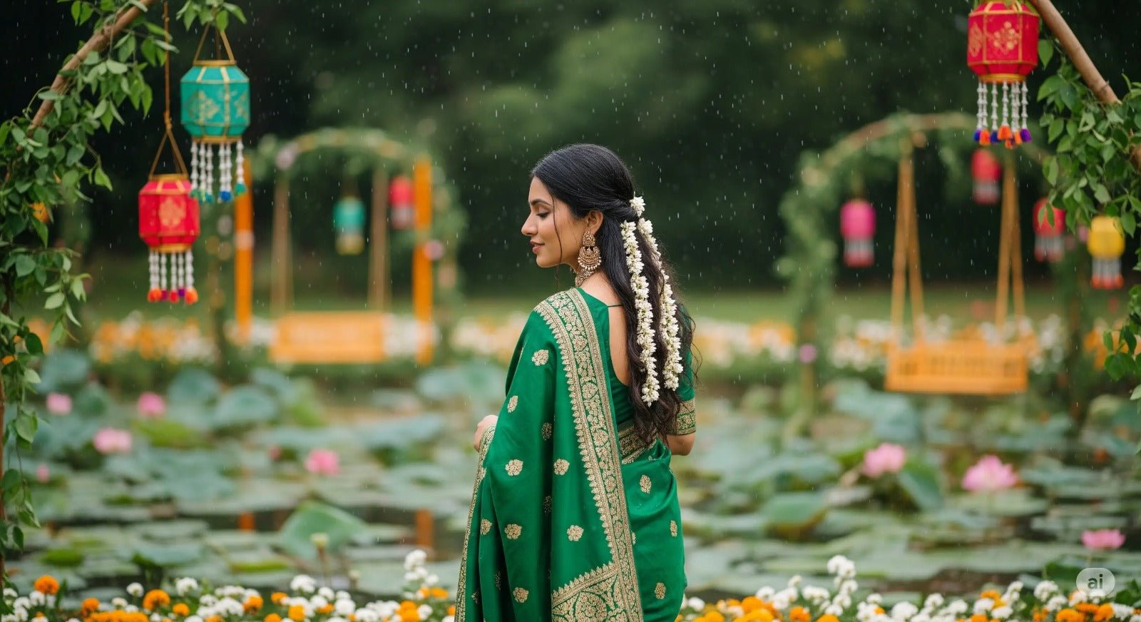 Hariyali Teej Saree Look: Celebrate Monsoon Elegance with Green Sarees