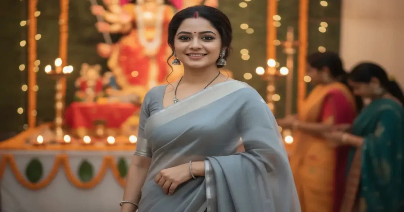 Navratri Day 6 Style Guide: Grey Sarees That Redefine Festive Fashion.