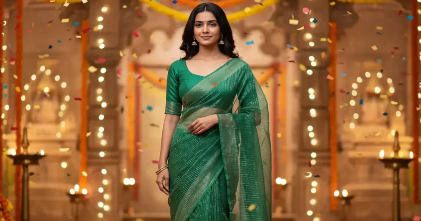 Navratri Day 8 Style Guide: Shine in a Peacock Green Saree.