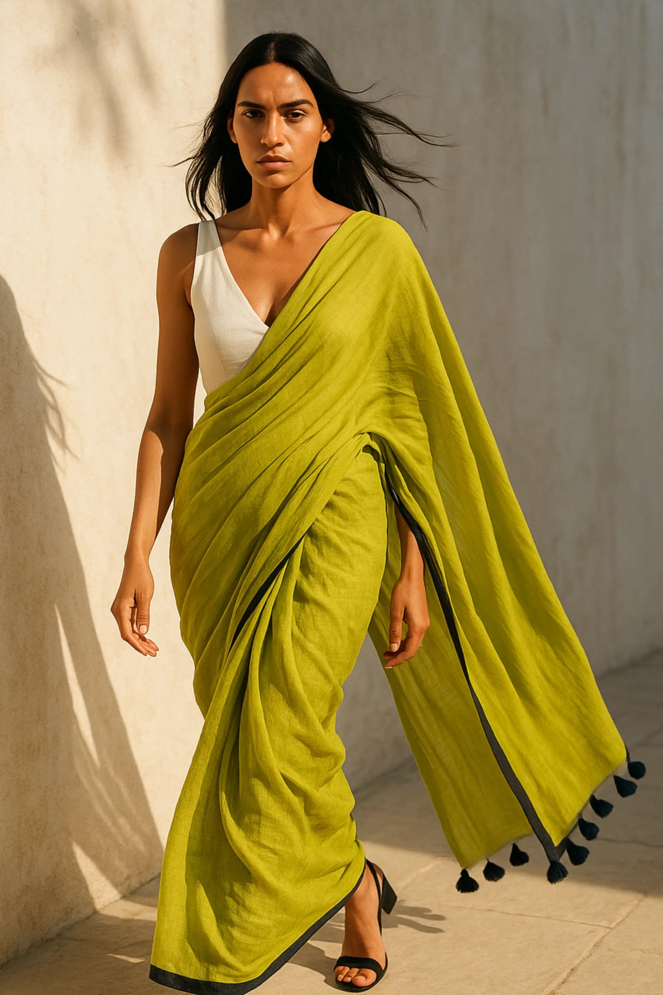 Chartreuse Charm | Mul Cotton | Indidha Saree