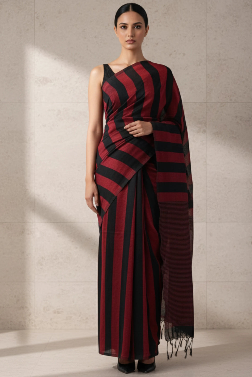 CRIMSON STRIPES | Cotton | Indidha Saree