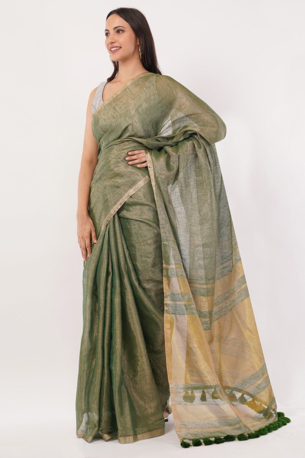 GLIDED GREEN | Linen Tissue | Indidha Saree