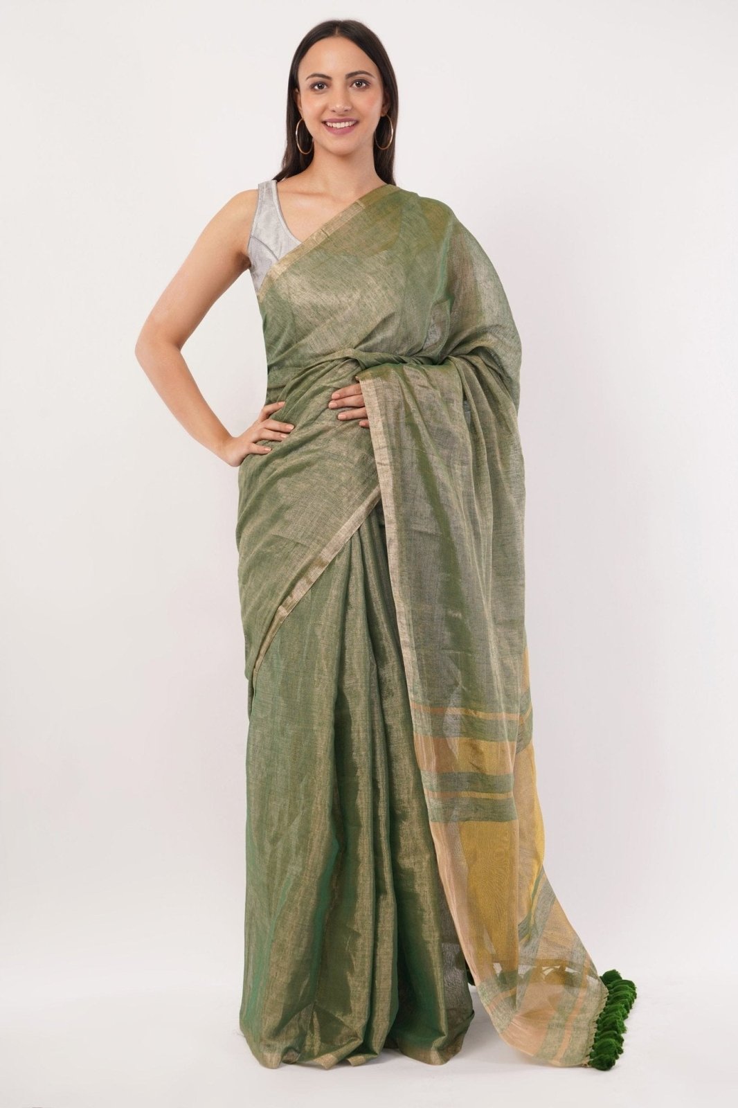 GLIDED GREEN | Linen Tissue | Indidha Saree