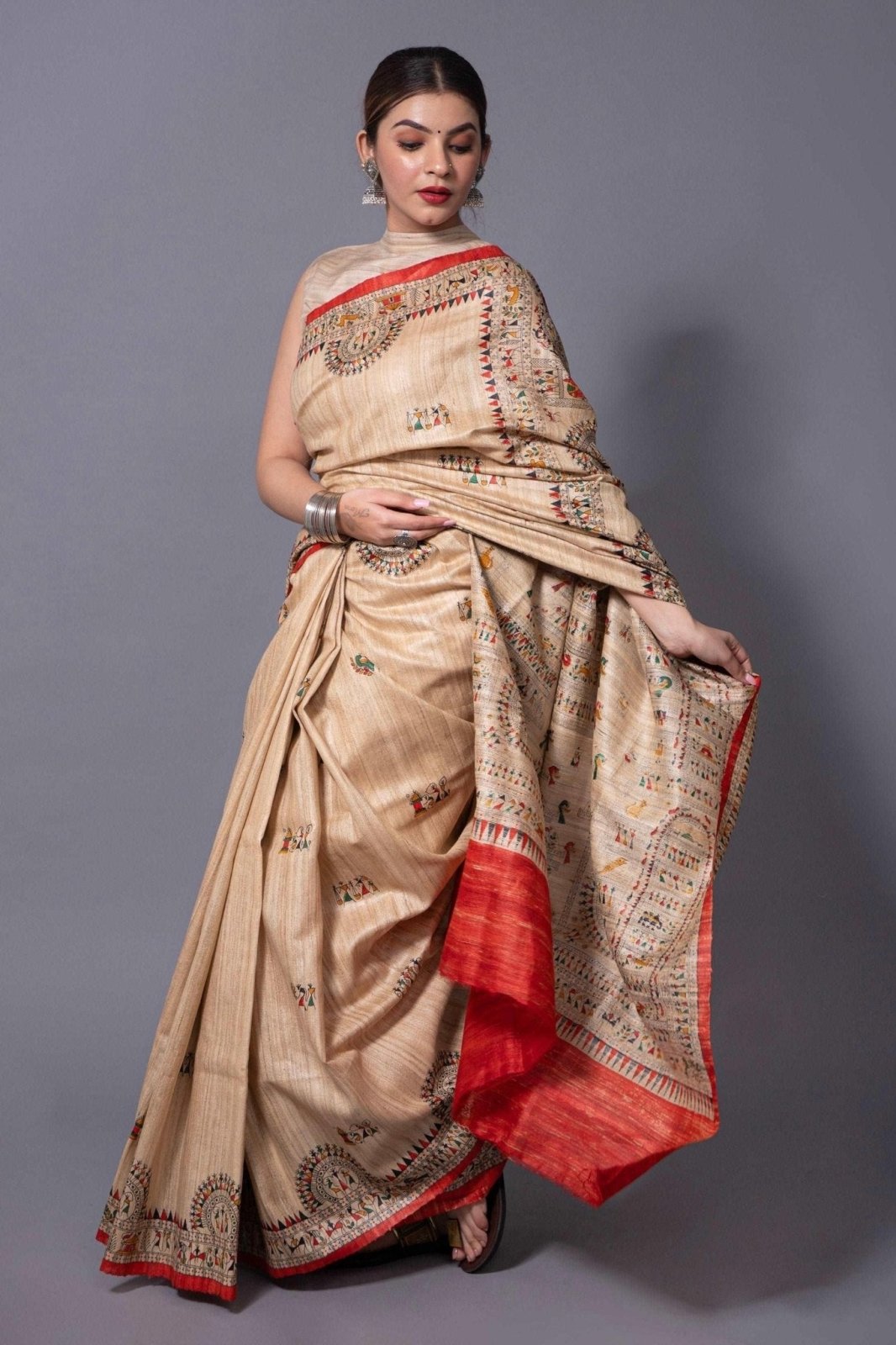 BEIGE TRIBE | Tussar Silk | Madhubani Print | Indidha Saree