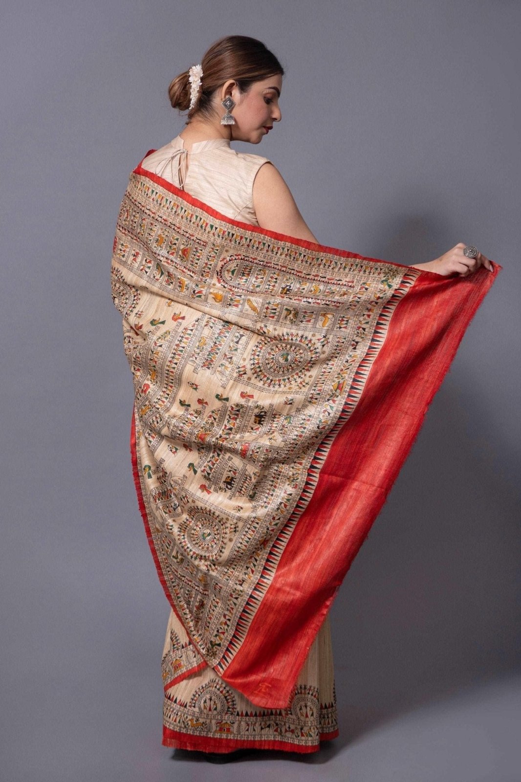 BEIGE TRIBE | Tussar Silk | Madhubani Print | Indidha Saree