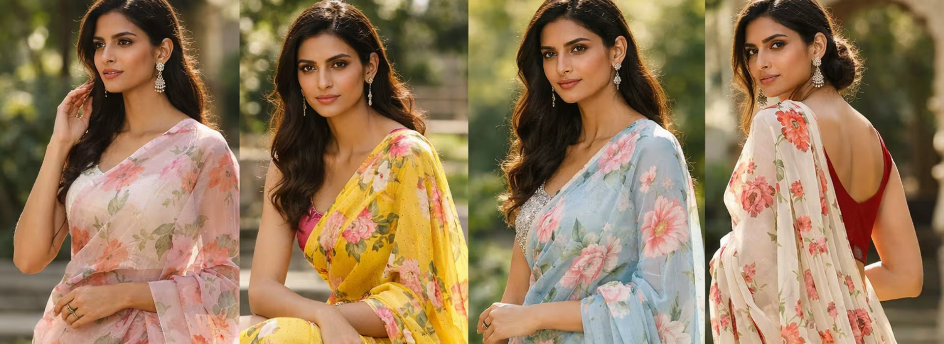 5 Floral Print Sarees for Day Weddings | Organza to Chiffon Styles
