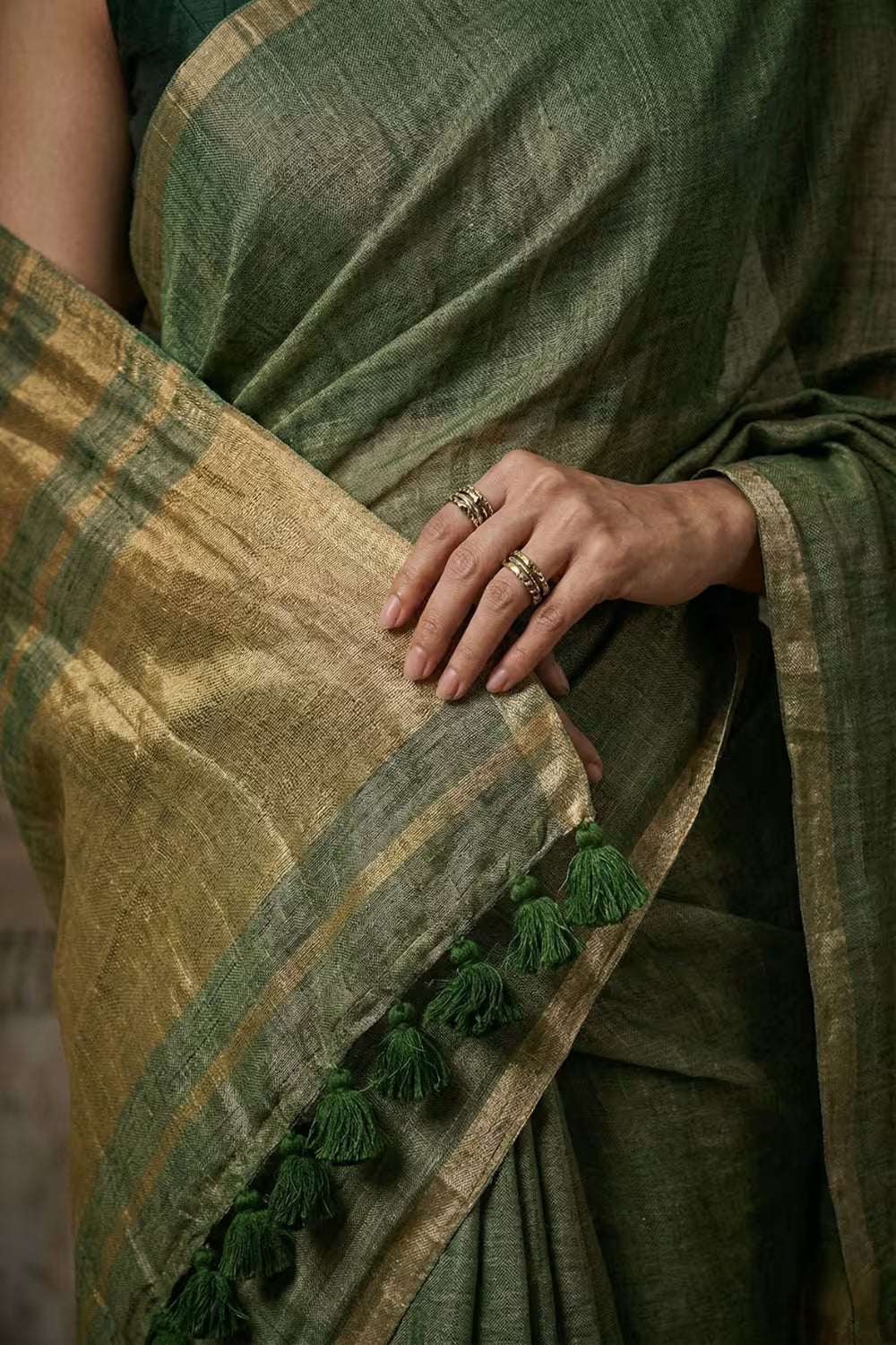 GLIDED GREEN | Linen Tissue | Indidha Saree