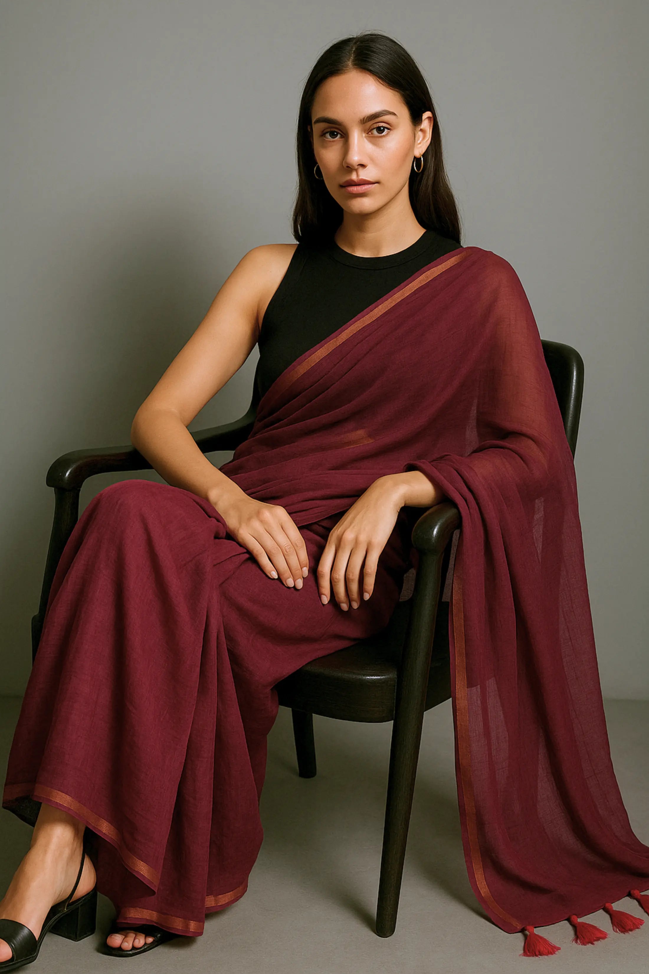 JIYA | Mul Cotton | Indidha Saree -  Shop Jiya Mul Cotton Saree – Light & Breezy Wear  Pure mul cotton saree with an elegant copper border and matching tassels. Perfect for any occasion to showcase timeless beauty and sophistication. Shop now!