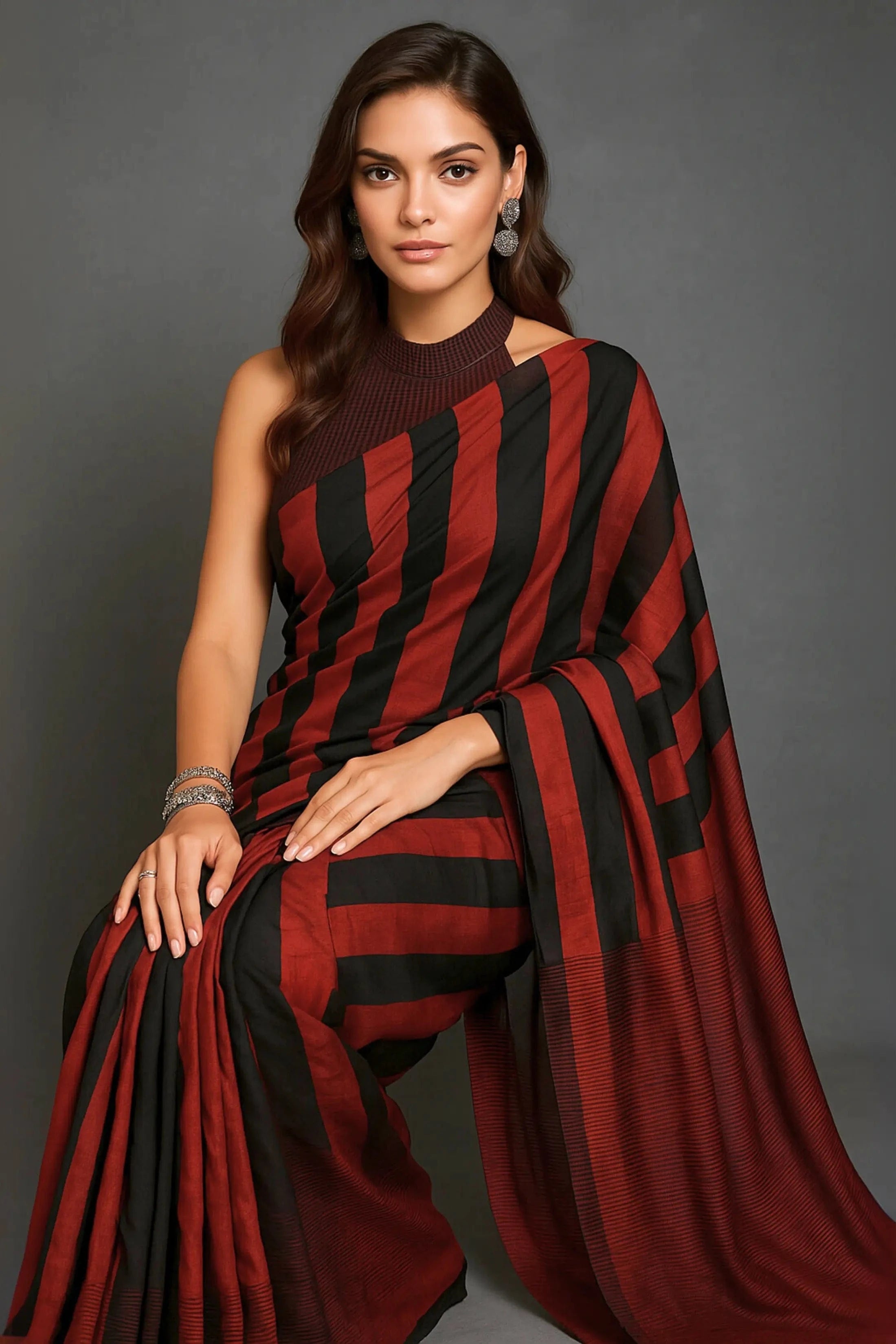CRIMSON STRIPES | Pure Cotton | Indidha Saree -  Crimson Stripes Handloom Cotton Saree – Red & Black Striped Saree for Women  Shop Crimson Stripes – a bold handloom cotton saree in red & black stripes. Lightweight, breathable & elegant. Perfect for office wear or festive evenings. Indidha Originals.