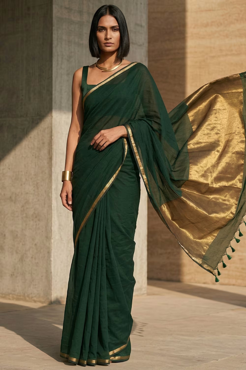 Saanjh in Green | Mul Cotton | Indidha Saree