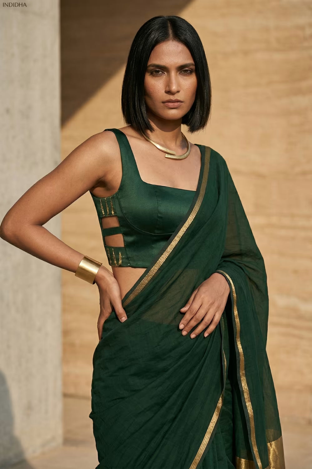 Saanjh in Green | Mul Cotton | Indidha Saree