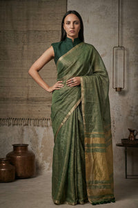 GLIDED GREEN | Linen Tissue | Indidha Saree