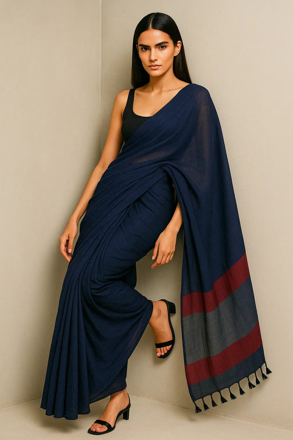 ROYAL ECLIPS | Mul Cotton | Indidha Saree -  Buy Royal Eclipse Saree – Majestic Black Drape  Our stunning mul cotton saree features a deep midnight blue body with a rich maroon stripe border, offering the perfect blend of comfort and style.
