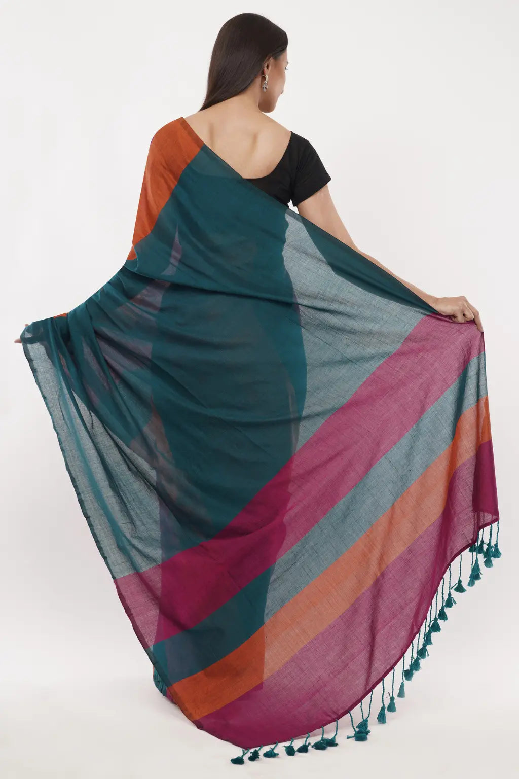 DAWN TO DUST | Cotton | Indidha Saree -  Buy Multicolor Cotton Saree – Dawn to Dust by Indidha  Own the day in Indidha’s Dawn to Dust Cotton Saree. Featuring bold multicolor stripes in soft, breathable cotton – perfect for effortless elegance from AM to PM.