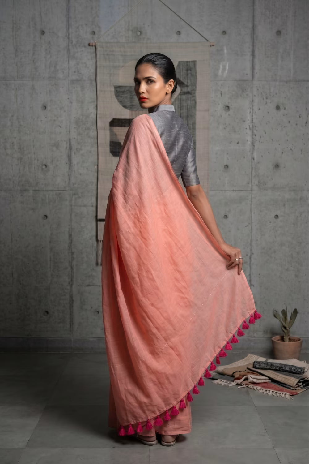 Stark Coral | Mul Cotton | Indidha Saree