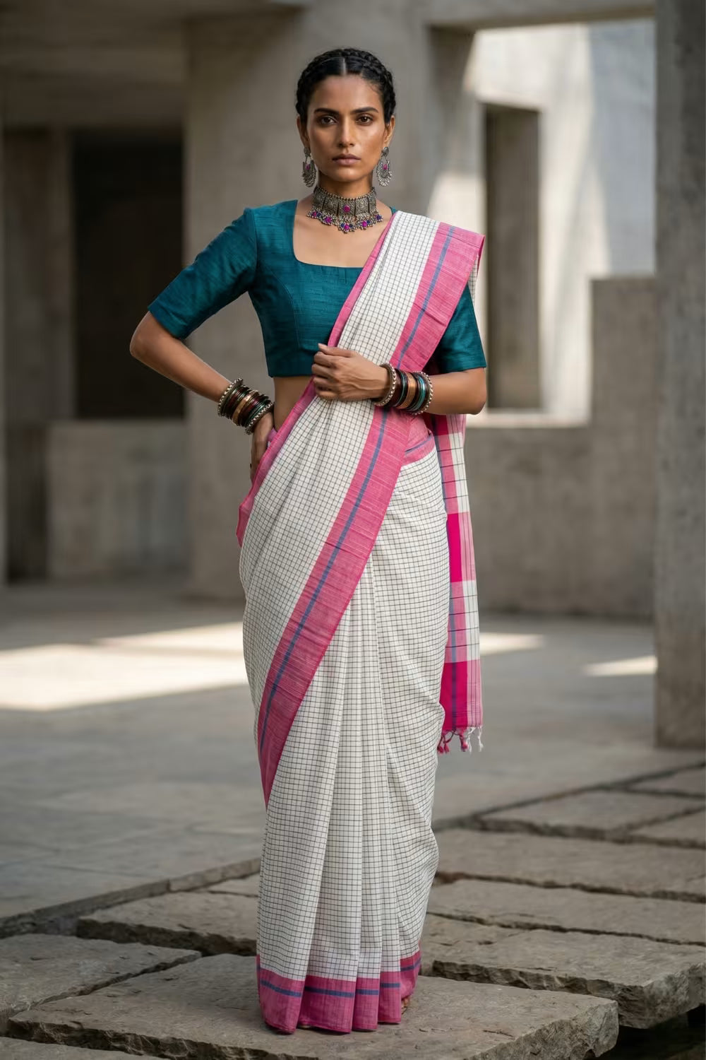 Grid & Glow | Cotton | Indidha Saree