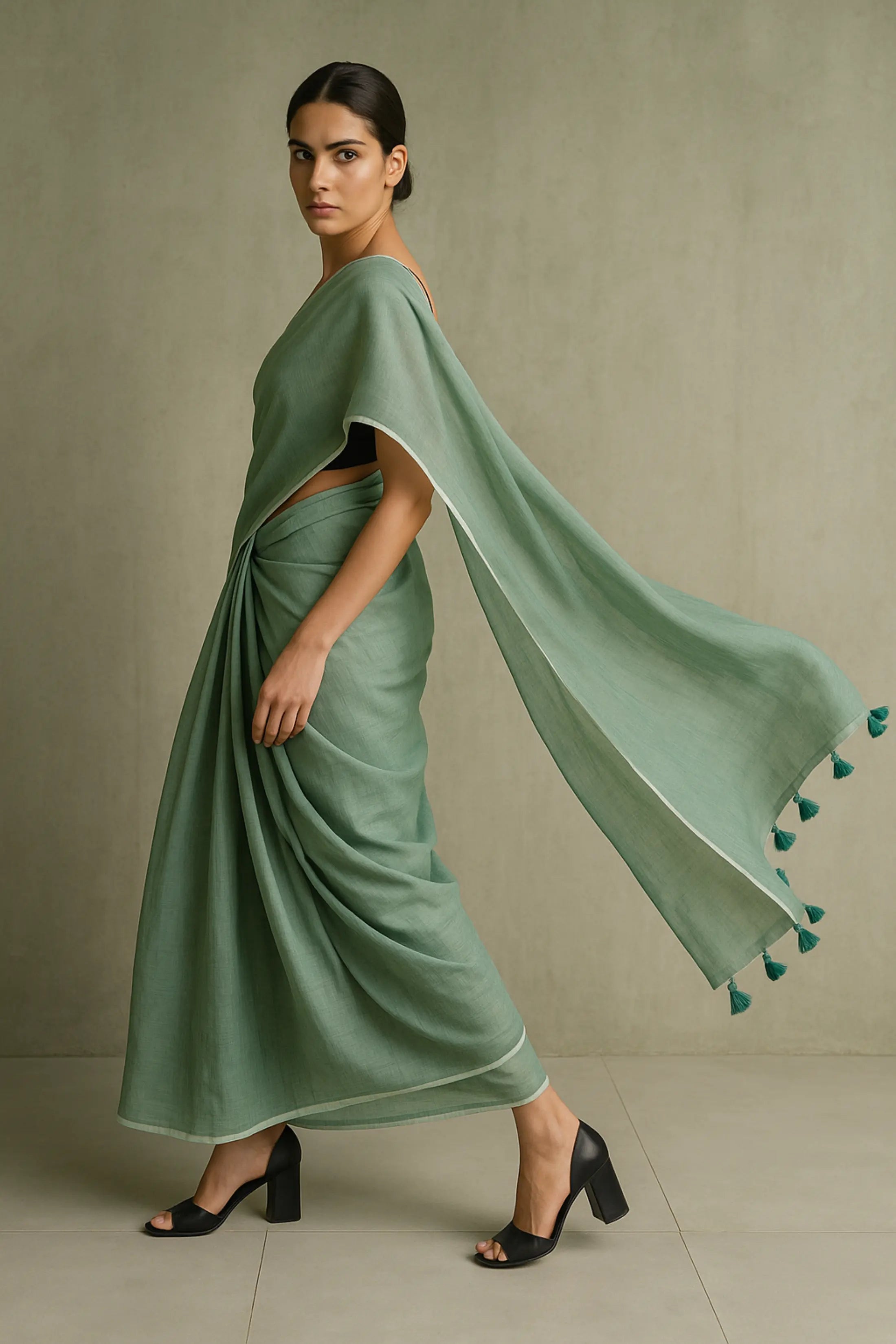 Shibui Sage | Handloom Mul Cotton | Indidha Saree
