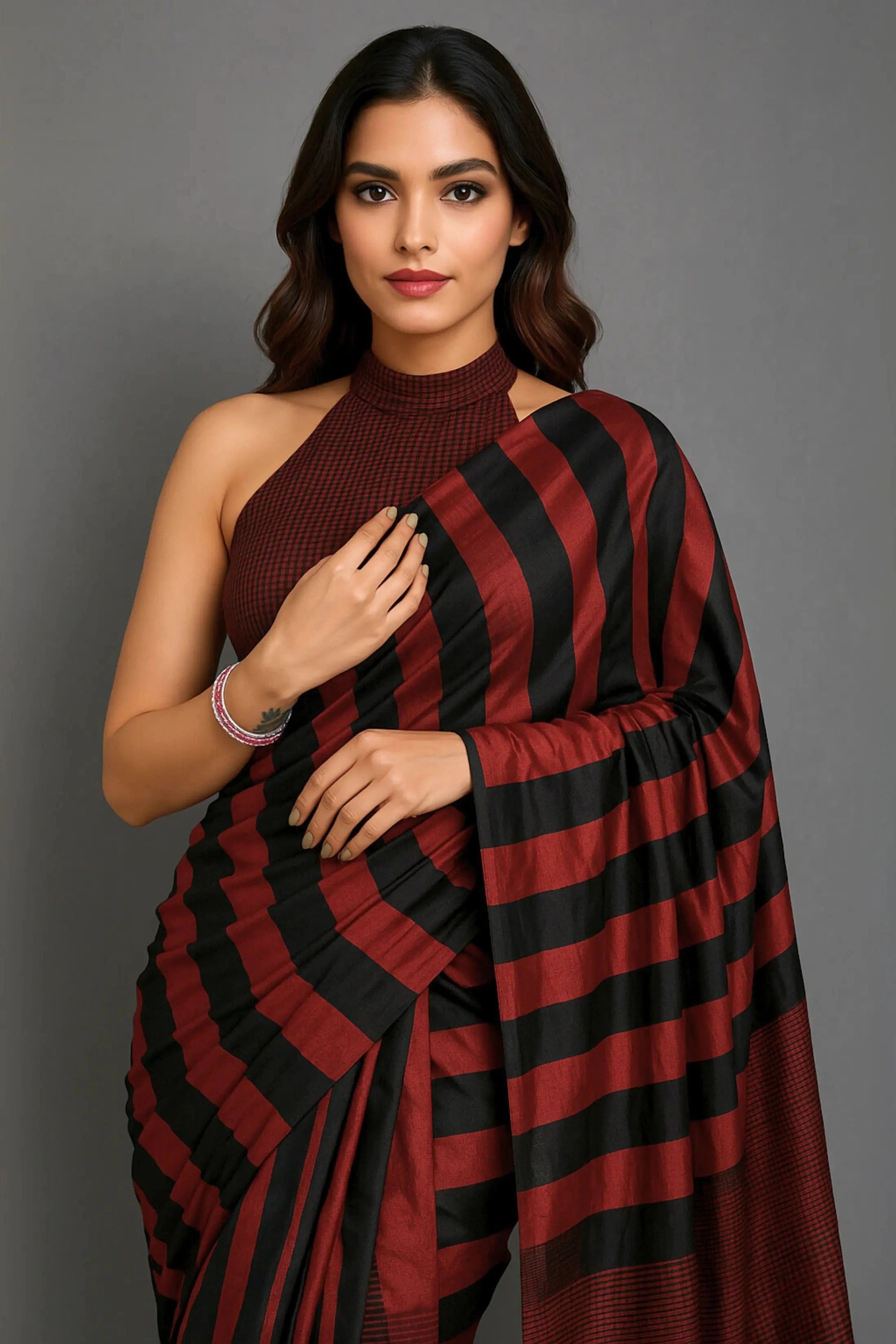 CRIMSON STRIPES | Pure Cotton | Indidha Saree