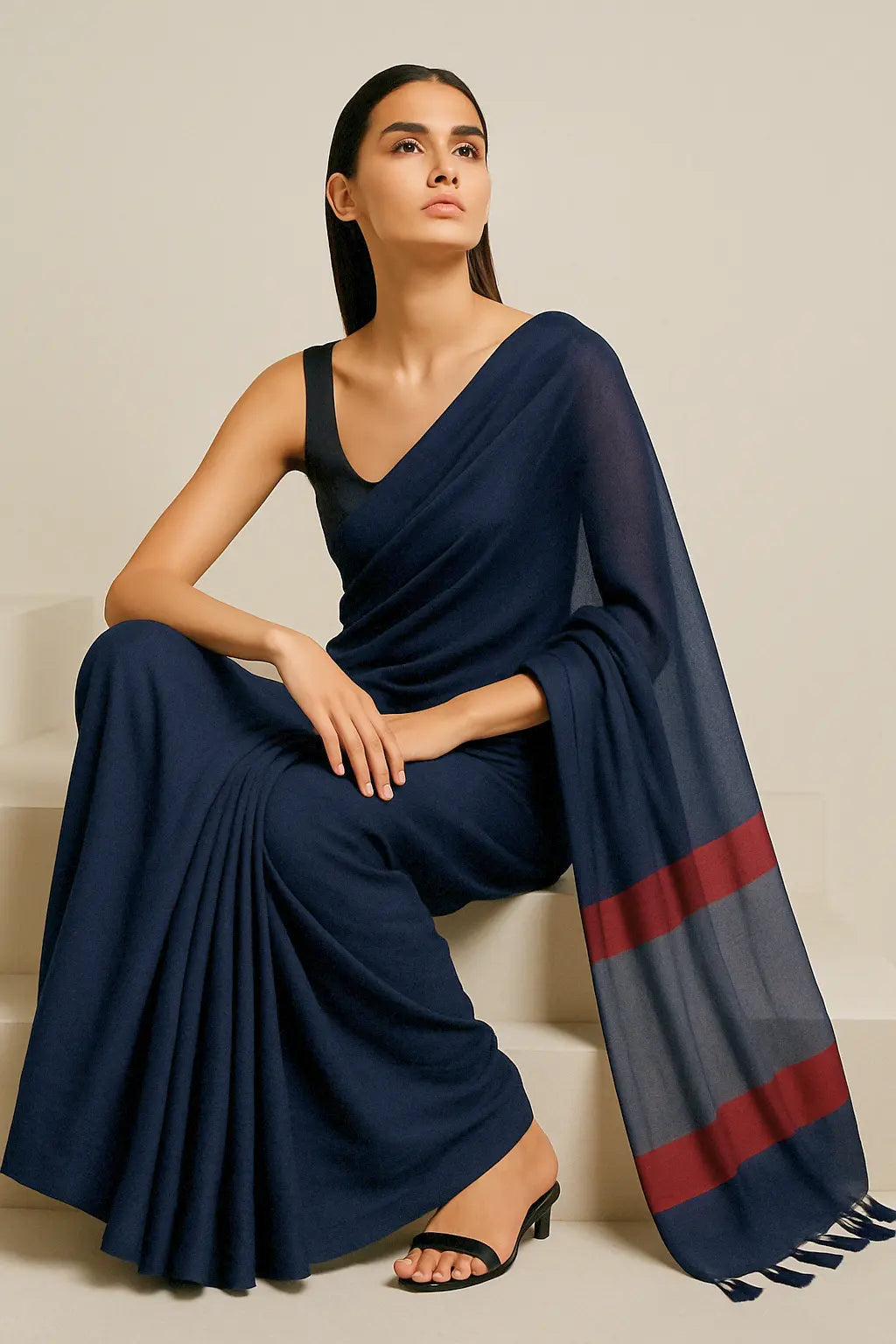 ROYAL ECLIPS | Mul Cotton | Indidha Saree -  Buy Royal Eclipse Saree – Majestic Black Drape  Our stunning mul cotton saree features a deep midnight blue body with a rich maroon stripe border, offering the perfect blend of comfort and style.