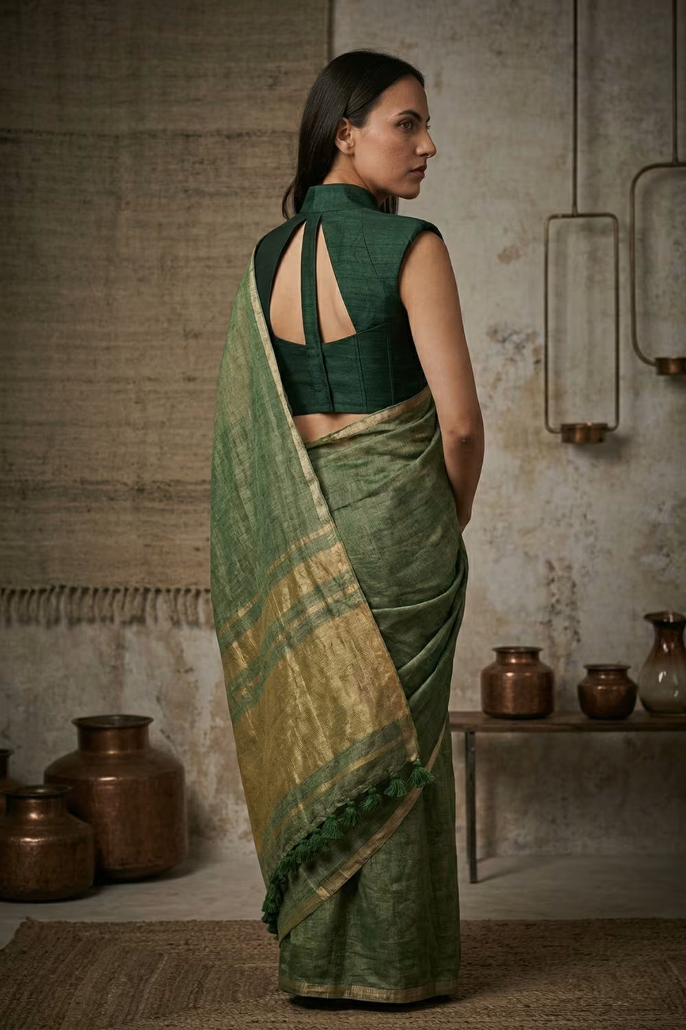 GLIDED GREEN | Linen Tissue | Indidha Saree
