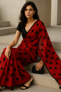MASHUQA | Mul Cotton | Indidha Saree -  Buy Red Handloom Mul Cotton Saree with Black Polka Dots | Lightweight & Bold  Shop this stunning red mul cotton saree with black polka dots. Handloom made, ultra-soft, and perfect for summer. Add a bold twist to your ethnic wardrobe!

