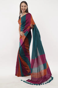 DAWN TO DUST | Cotton | Indidha Saree -  Buy Multicolor Cotton Saree – Dawn to Dust by Indidha  Own the day in Indidha’s Dawn to Dust Cotton Saree. Featuring bold multicolor stripes in soft, breathable cotton – perfect for effortless elegance from AM to PM.