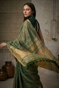 GLIDED GREEN | Linen Tissue | Indidha Saree