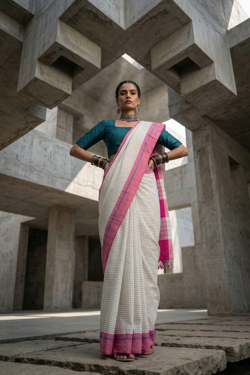 Grid & Glow | Cotton | Indidha Saree