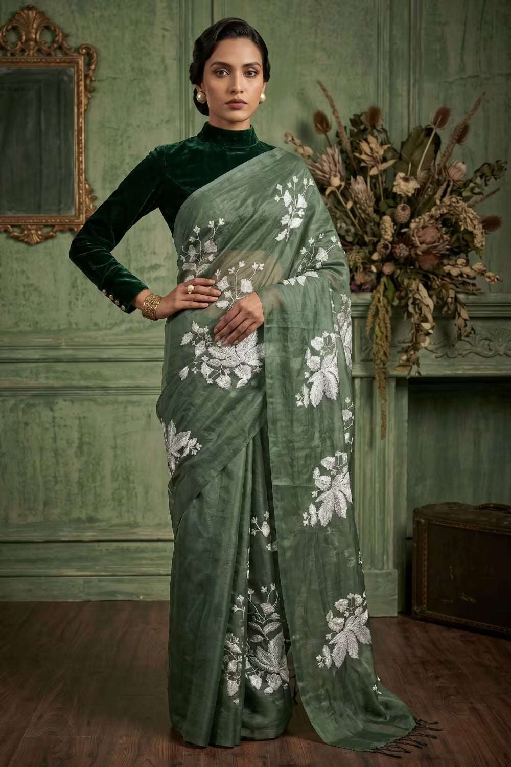 AQUA LEAF | Organza Kota Embroidery | Indidha Saree
