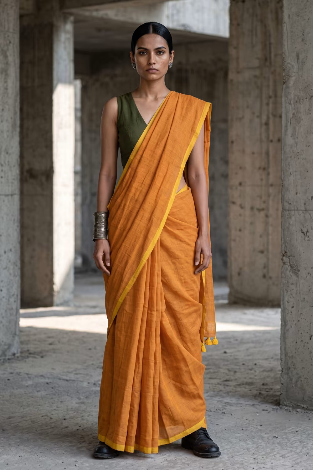 Ochre Block | Mul Cotton | Indidha Saree