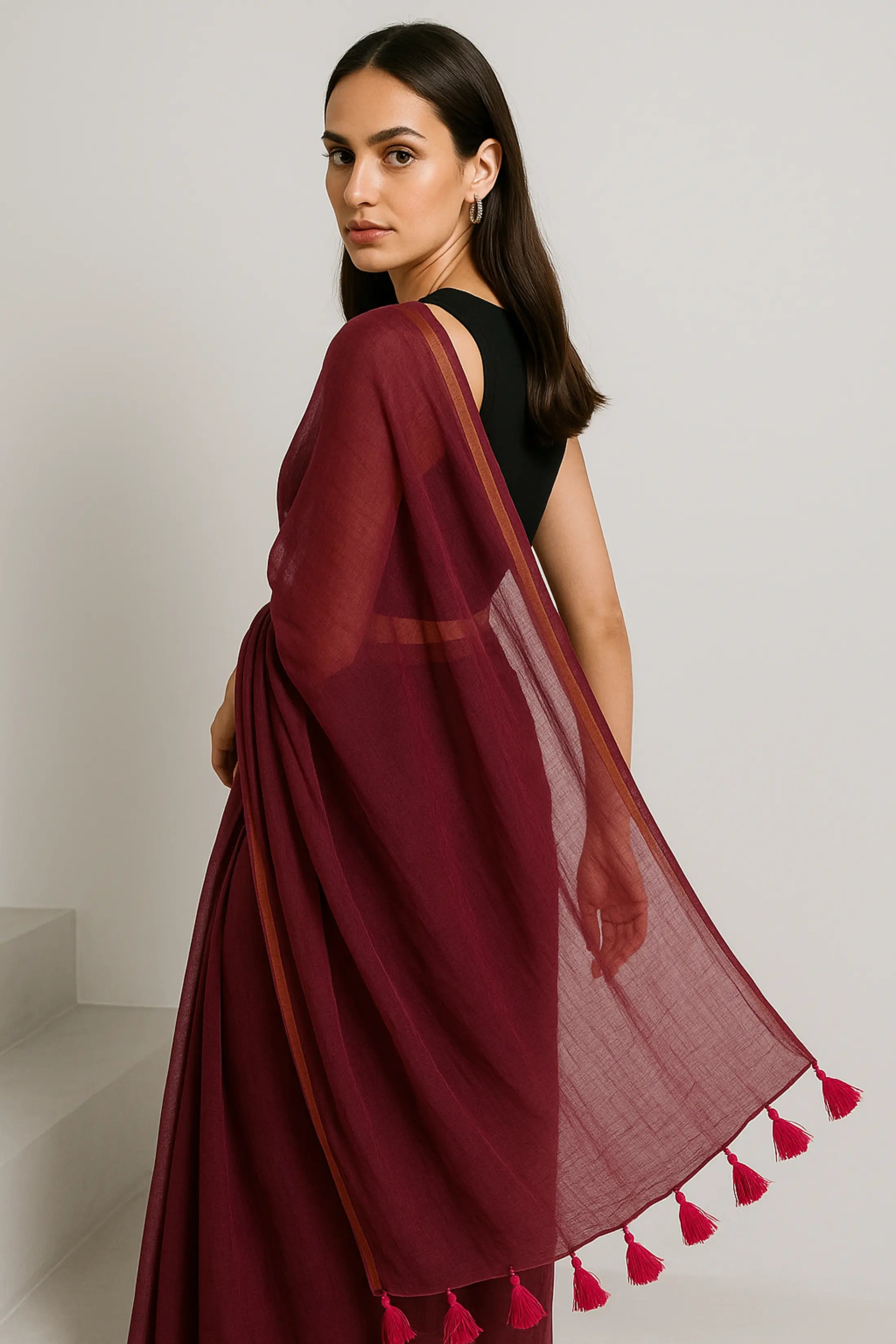 JIYA | Mul Cotton | Indidha Saree -  Shop Jiya Mul Cotton Saree – Light & Breezy Wear  Pure mul cotton saree with an elegant copper border and matching tassels. Perfect for any occasion to showcase timeless beauty and sophistication. Shop now!