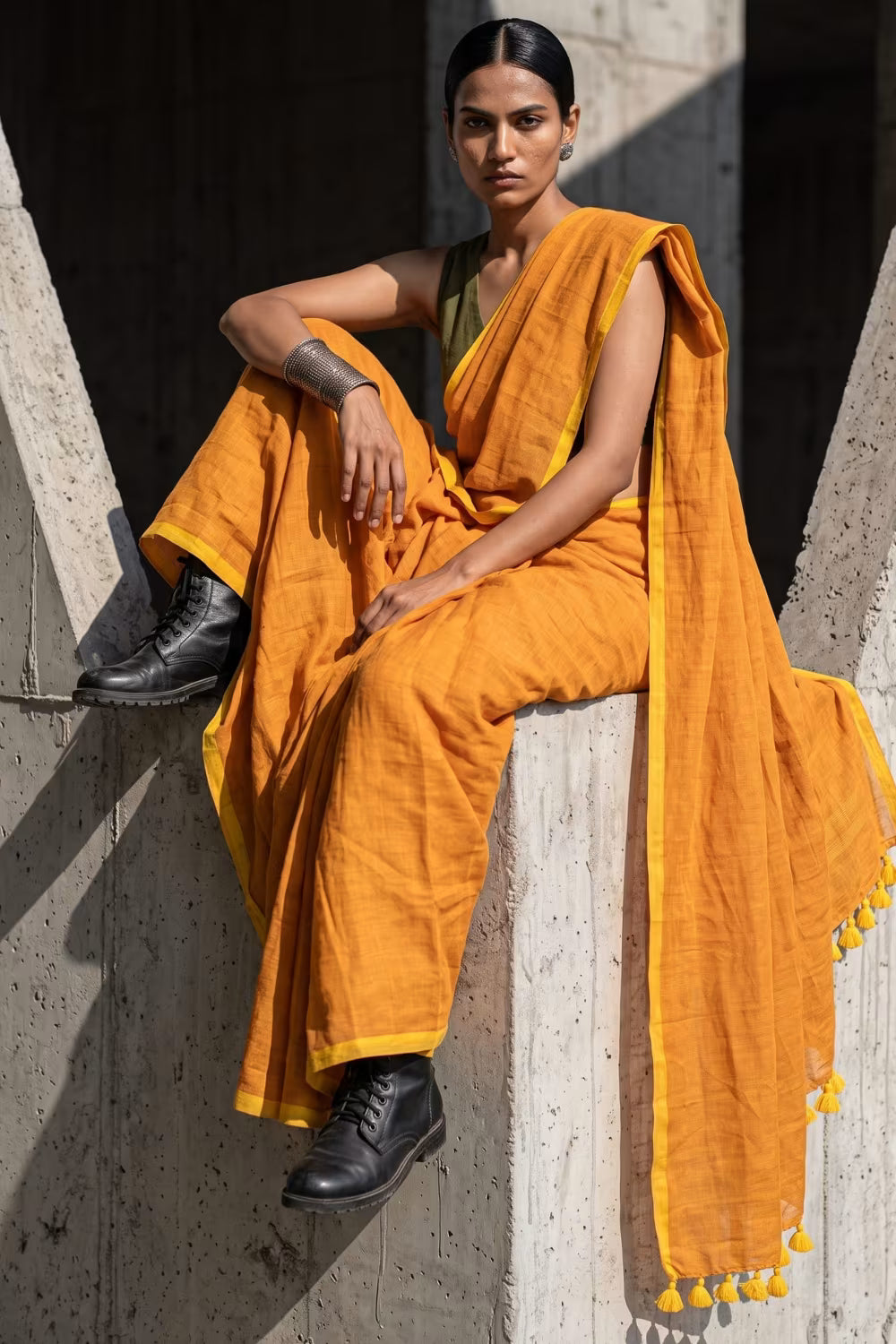 Ochre Block | Mul Cotton | Indidha Saree