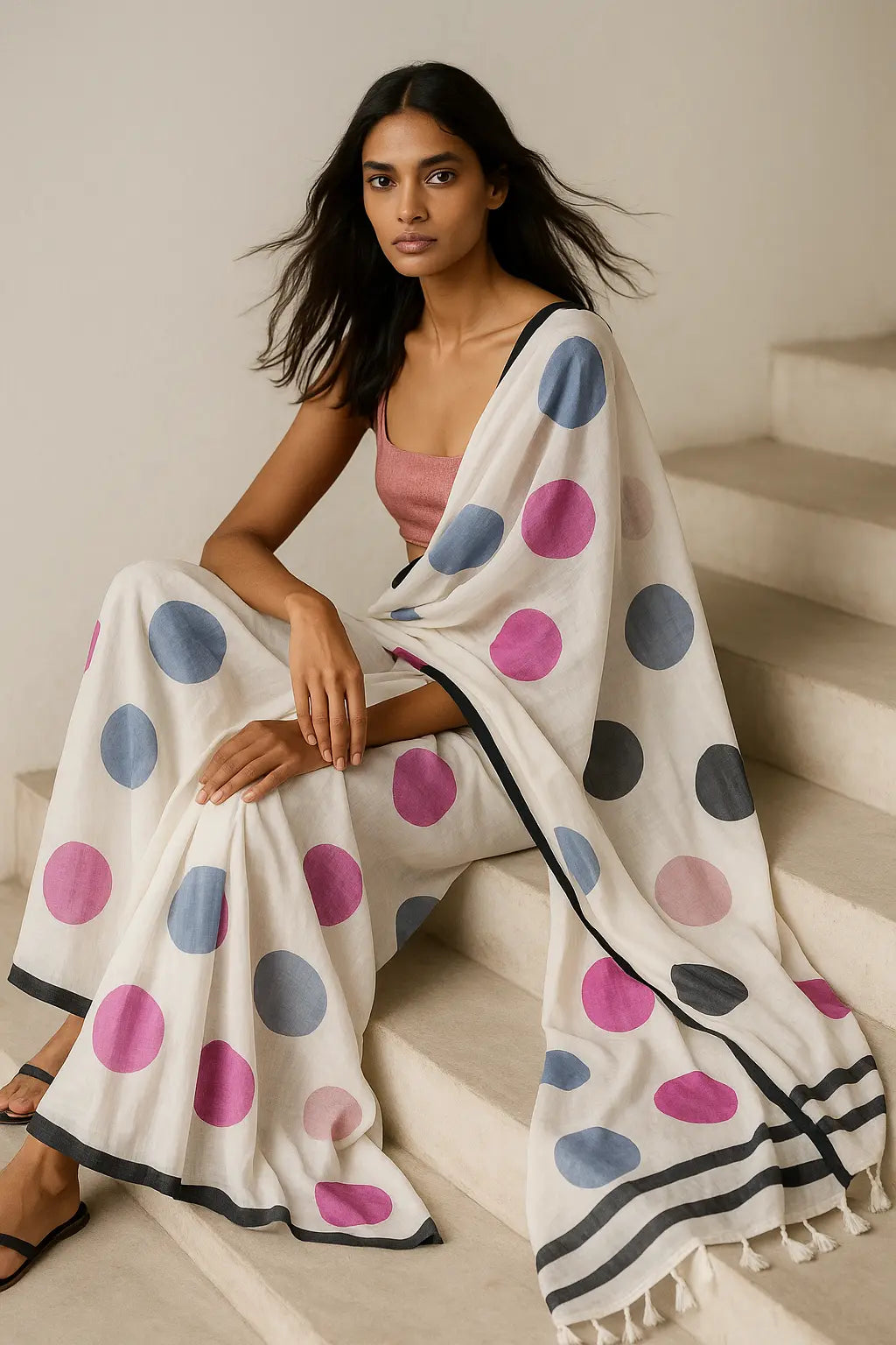 BREEZY DOTS | Mul Cotton | Indidha Saree -  Lightweight Mul Cotton Saree with Polka Dots – Shop Now!  Looking for an easy-to-drape saree? This breathable mul cotton saree with vibrant polka dots and a timeless black border is just what you need!