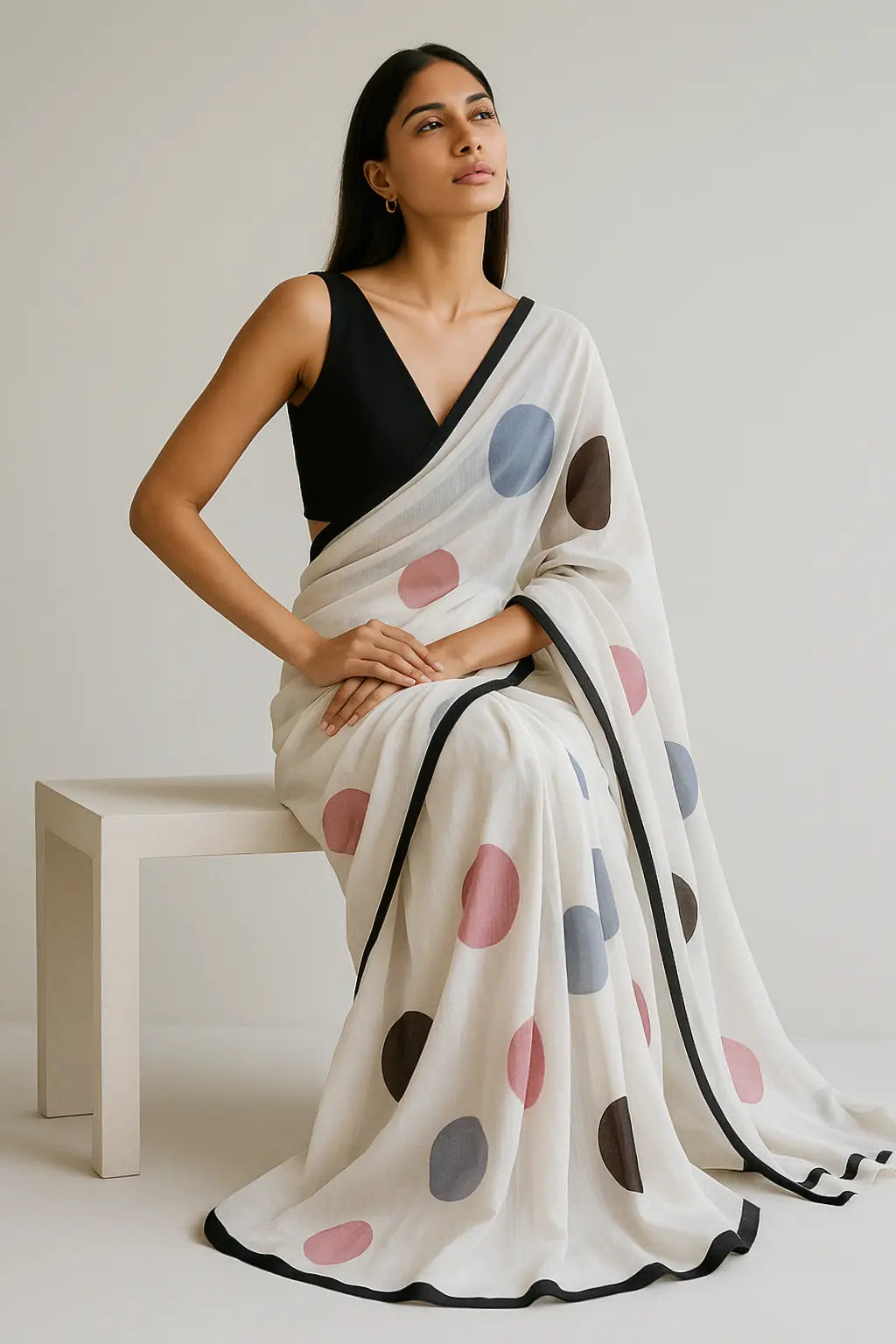 BREEZY DOTS | Mul Cotton | Indidha Saree -  Lightweight Mul Cotton Saree with Polka Dots – Shop Now!  Looking for an easy-to-drape saree? This breathable mul cotton saree with vibrant polka dots and a timeless black border is just what you need!