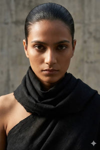 Woman wearing a black saree against a textured wall