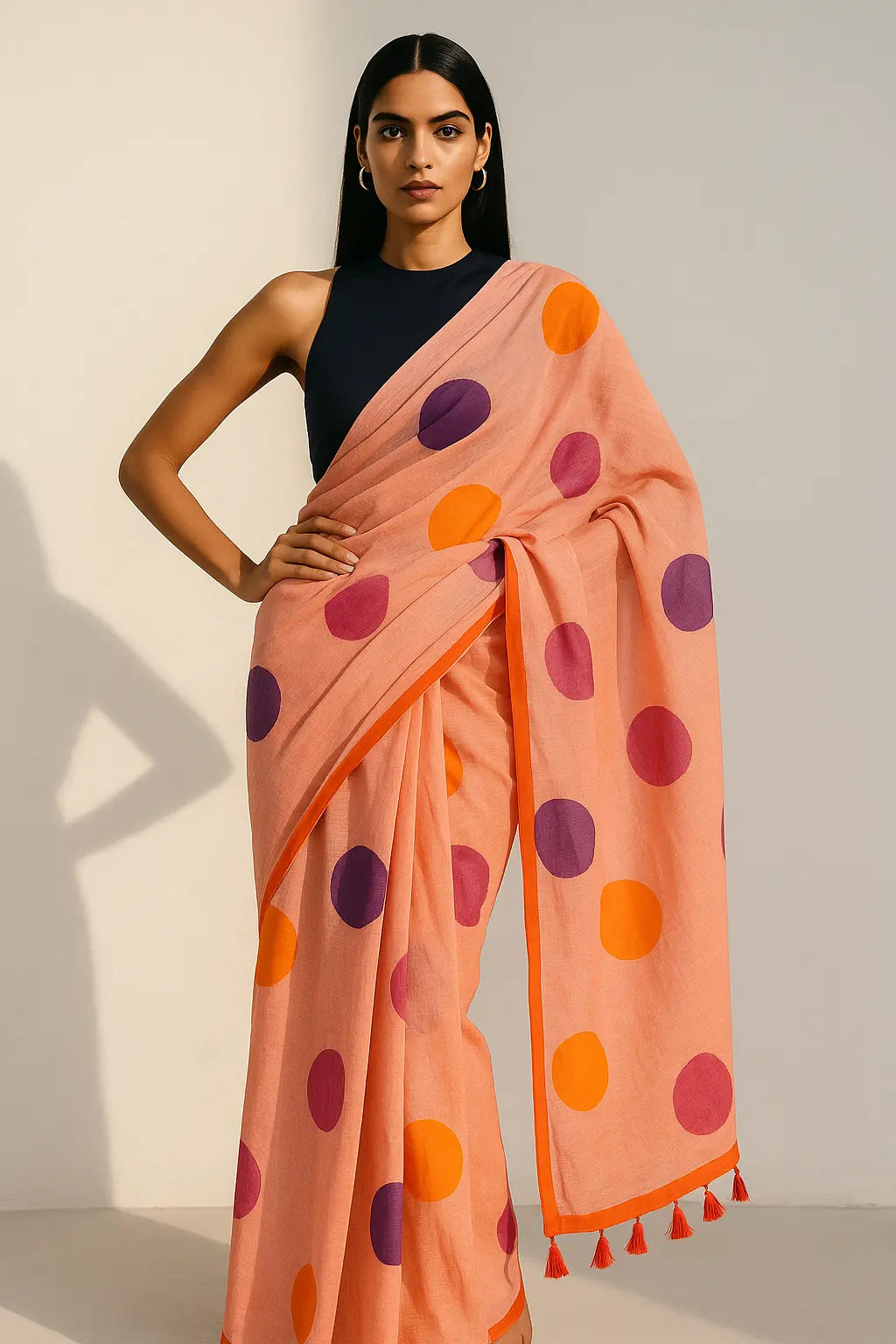 COZY DOTS | Mul Cotton | Indidha Saree -  Cozy Dots – Peach Handloom Mul Cotton Saree with Polka Dots | Indidha  Explore the Cozy Dots saree by Indidha – a peach mul cotton handloom drape with playful polka dots and tassels. Ultra-soft, breathable, and blouse-free. Shop now!
