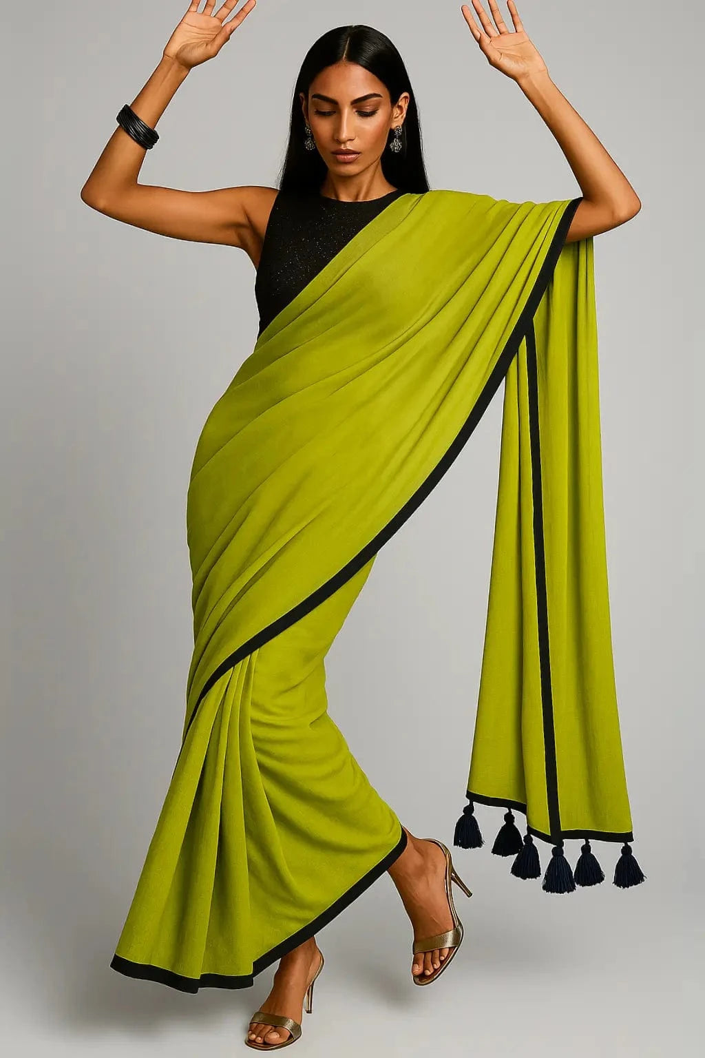 Chartreuse Charm | Mul Cotton | Indidha Saree -  Chartreuse Charm - Handloom Mul Cotton Saree | Indidha  Shop Chartreuse Charm – a vibrant handloom mul cotton saree in chartreuse green with black tassels. Breezy, minimal, and perfect for summer. Only at Indidha.

