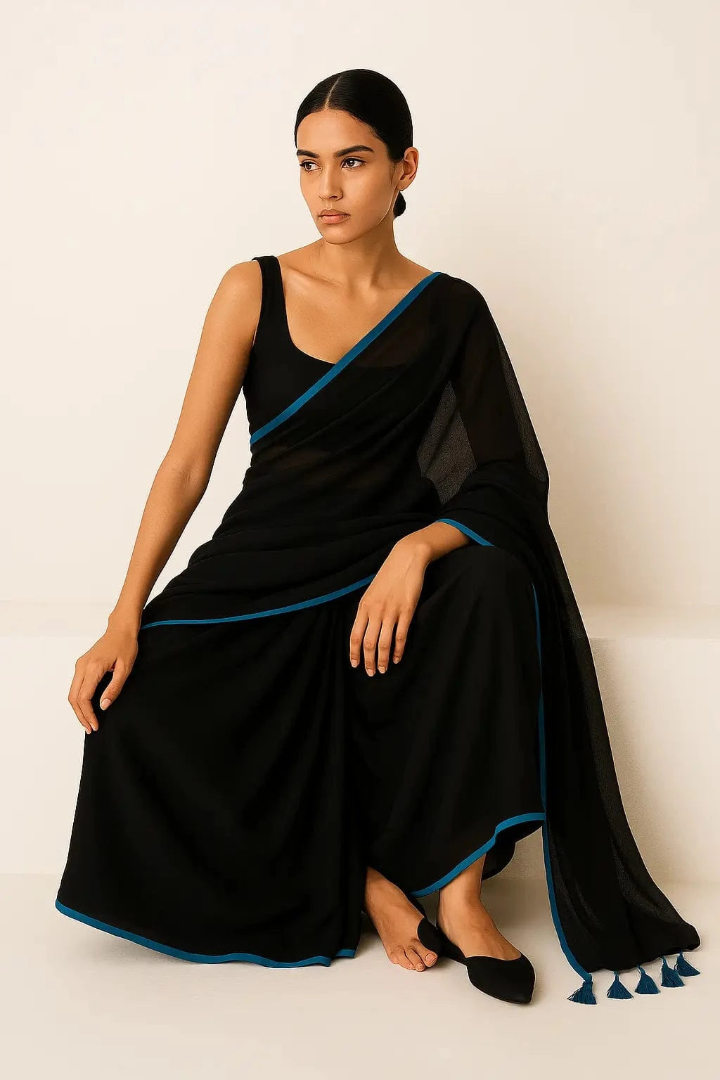 SERENITY BREEZE | Mul Cotton | Indidha Saree -  Serenity Breeze – Black Mul Cotton Saree | Indidha  Shop Serenity Breeze, a handcrafted black mul cotton saree with blue edging & tassels. Lightweight, breathable, and effortlessly elegant. Only at Indidha.