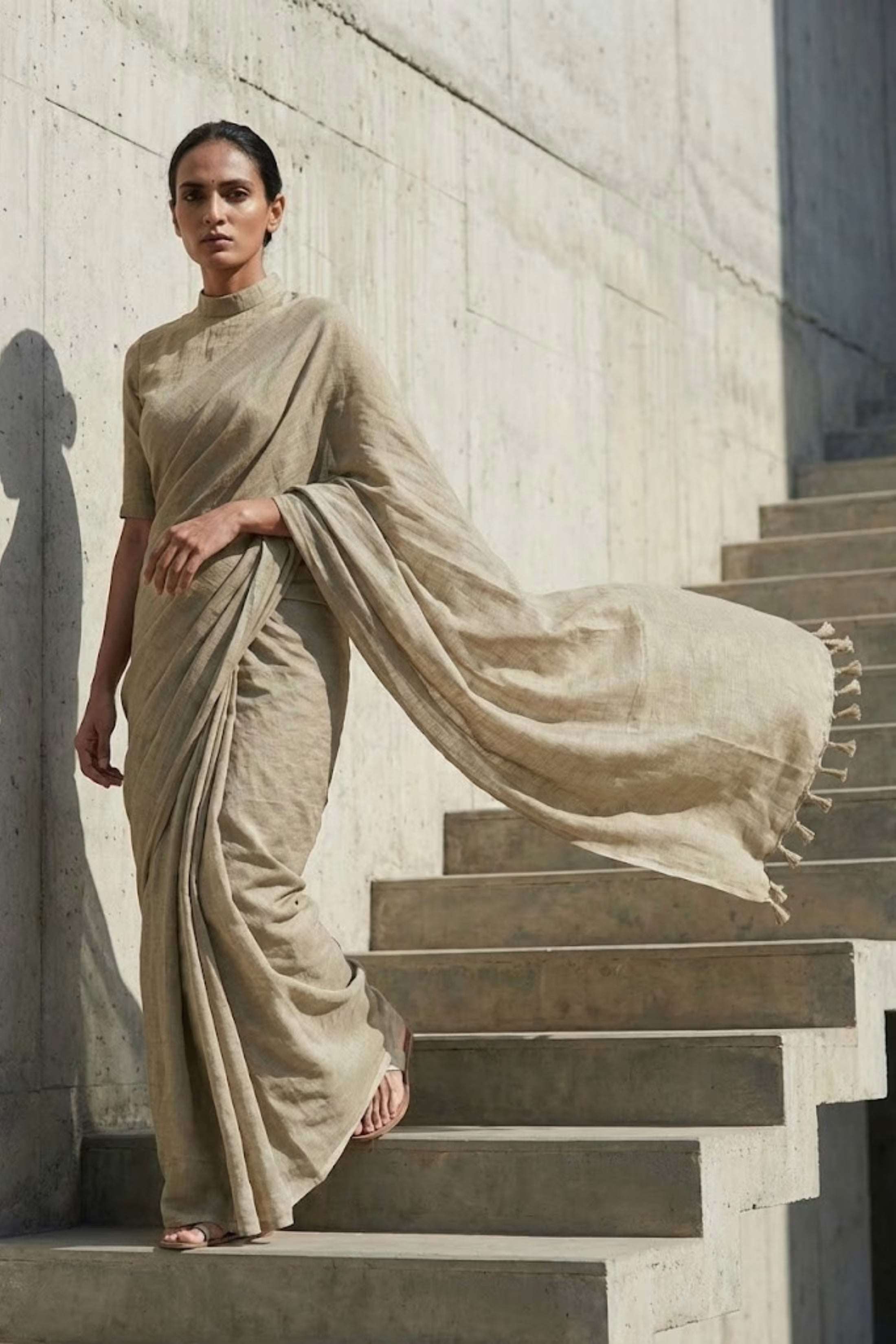 Woman in a beige saree standing on stone steps against a light-colored wall.