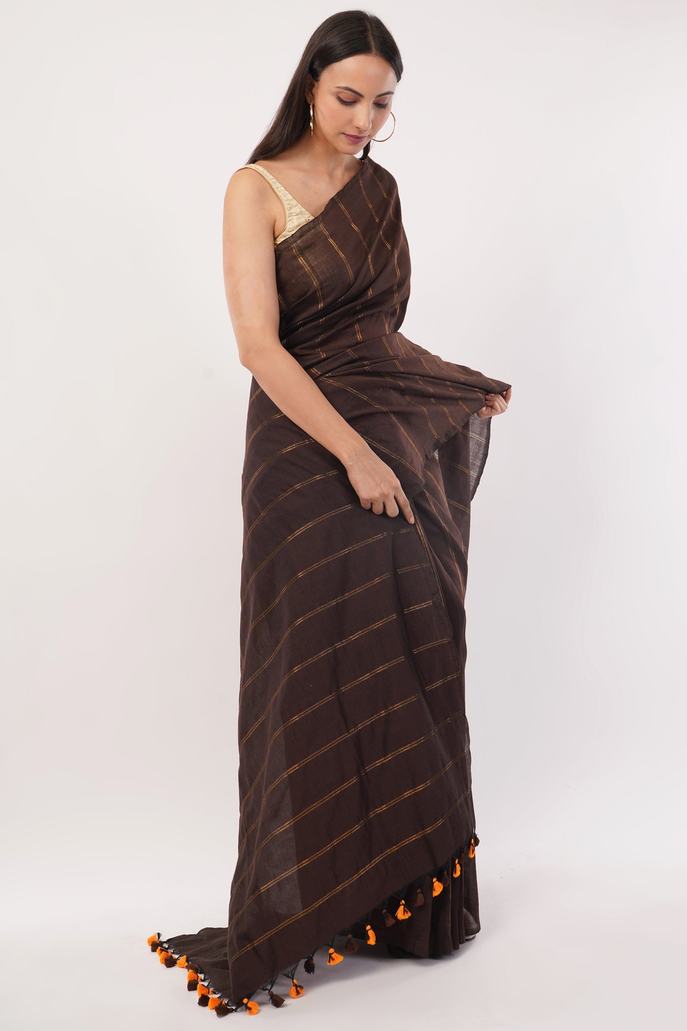 Suman SantiPur Saree EARTHY COFFEE | Khadi Cotton | Indidha Saree