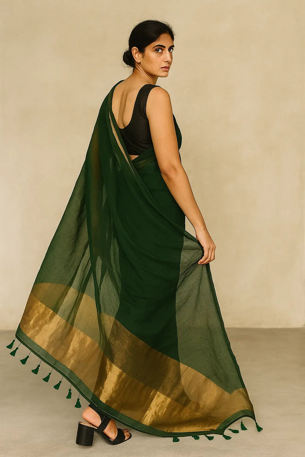 Saanjh in Green | Mul Cotton | Indidha Saree