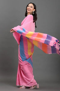 GULABI GULMOHAR | Pure Cotton | Indidha Saree -  Gulaabi Gulmohar - Pure Cotton Handloom Saree for Summer  Shop Gulaabi Gulmohar – a soft handloom cotton saree in pastel pink with colorful stripes. Lightweight, breathable & artisan-made. Perfect for summer days!