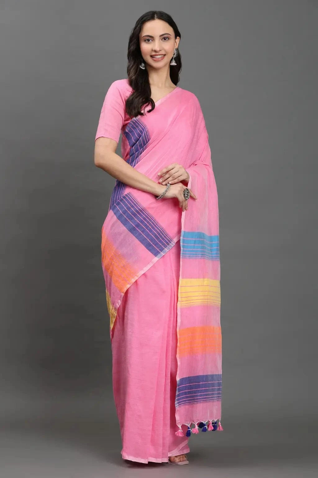 GULABI GULMOHAR | Pure Cotton | Indidha Saree -  Gulaabi Gulmohar - Pure Cotton Handloom Saree for Summer  Shop Gulaabi Gulmohar – a soft handloom cotton saree in pastel pink with colorful stripes. Lightweight, breathable & artisan-made. Perfect for summer days!