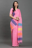 GULABI GULMOHAR | Pure Cotton | Indidha Saree -  Gulaabi Gulmohar - Pure Cotton Handloom Saree for Summer  Shop Gulaabi Gulmohar – a soft handloom cotton saree in pastel pink with colorful stripes. Lightweight, breathable & artisan-made. Perfect for summer days!