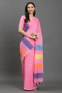 GULABI GULMOHAR | Pure Cotton | Indidha Saree -  Gulaabi Gulmohar - Pure Cotton Handloom Saree for Summer  Shop Gulaabi Gulmohar – a soft handloom cotton saree in pastel pink with colorful stripes. Lightweight, breathable & artisan-made. Perfect for summer days!