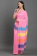 GULABI GULMOHAR | Pure Cotton | Indidha Saree -  Gulaabi Gulmohar - Pure Cotton Handloom Saree for Summer  Shop Gulaabi Gulmohar – a soft handloom cotton saree in pastel pink with colorful stripes. Lightweight, breathable & artisan-made. Perfect for summer days!