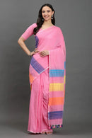 GULABI GULMOHAR | Pure Cotton | Indidha Saree -  Gulaabi Gulmohar - Pure Cotton Handloom Saree for Summer  Shop Gulaabi Gulmohar – a soft handloom cotton saree in pastel pink with colorful stripes. Lightweight, breathable & artisan-made. Perfect for summer days!