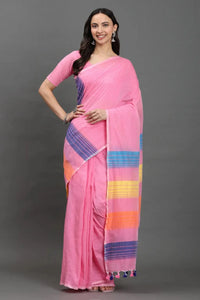 GULABI GULMOHAR | Pure Cotton | Indidha Saree -  Gulaabi Gulmohar - Pure Cotton Handloom Saree for Summer  Shop Gulaabi Gulmohar – a soft handloom cotton saree in pastel pink with colorful stripes. Lightweight, breathable & artisan-made. Perfect for summer days!