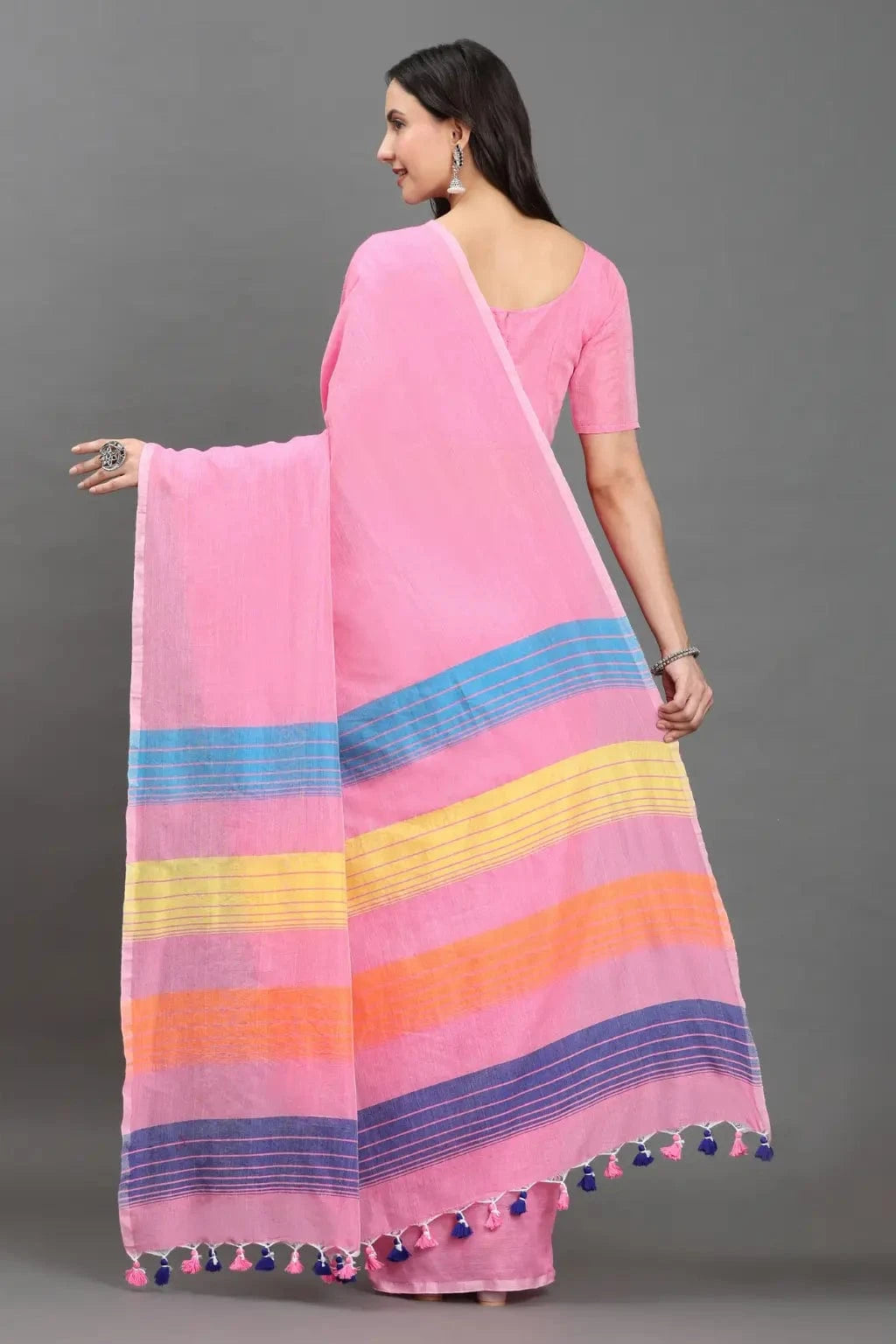 GULABI GULMOHAR | Pure Cotton | Indidha Saree -  Gulaabi Gulmohar - Pure Cotton Handloom Saree for Summer  Shop Gulaabi Gulmohar – a soft handloom cotton saree in pastel pink with colorful stripes. Lightweight, breathable & artisan-made. Perfect for summer days!